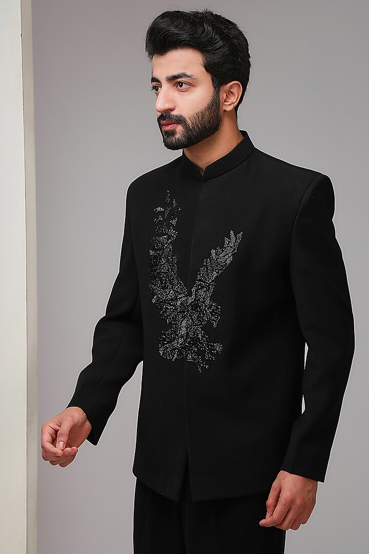 Black Poly Italian Fabric Cutdana Embroidered Bandhgala Set by SANJANA REDDY MEN at Pernia's Pop Up Shop