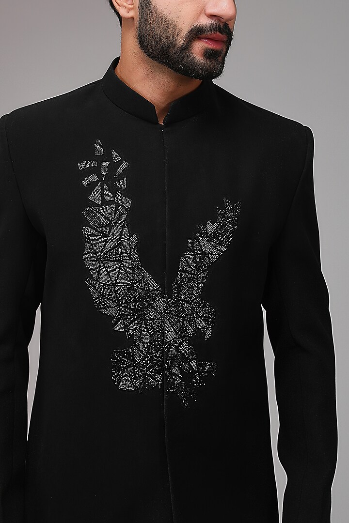 Black Poly Italian Fabric Cutdana Embroidered Bandhgala Set by SANJANA REDDY MEN at Pernia's Pop Up Shop
