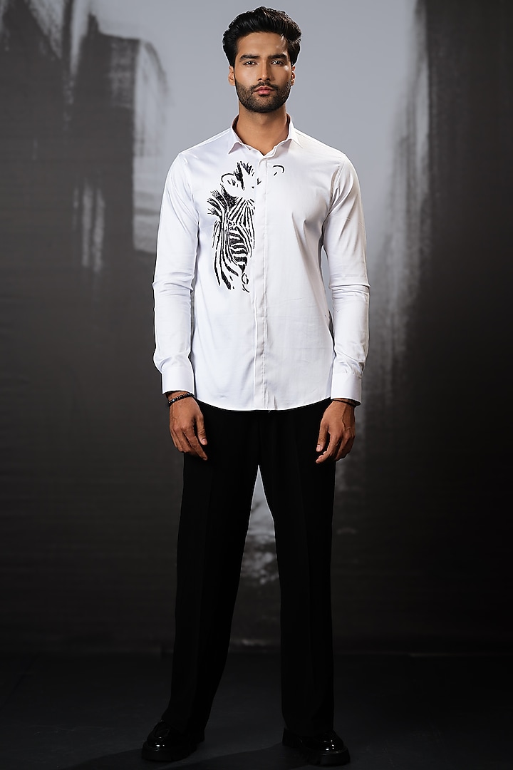 White Stretchable Cotton Hand Embroidered Party Wear Shirt by SANJANA REDDY MEN at Pernia's Pop Up Shop