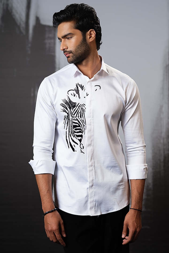 White Stretchable Cotton Hand Embroidered Shirt by SANJANA REDDY MEN