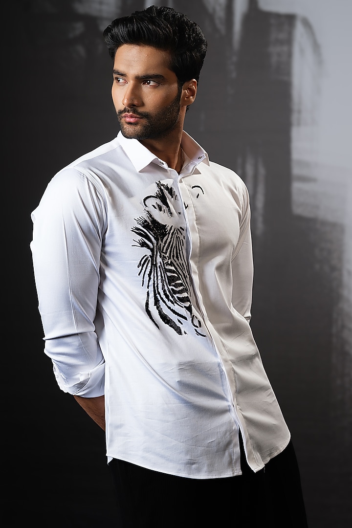 White Stretchable Cotton Hand Embroidered Party Wear Shirt by SANJANA REDDY MEN at Pernia's Pop Up Shop