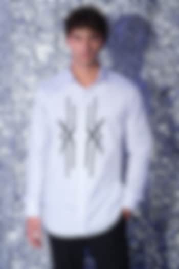 White Stretchable Cotton Hand Embroidered Party Wear Shirt by SANJANA REDDY MEN at Pernia's Pop Up Shop