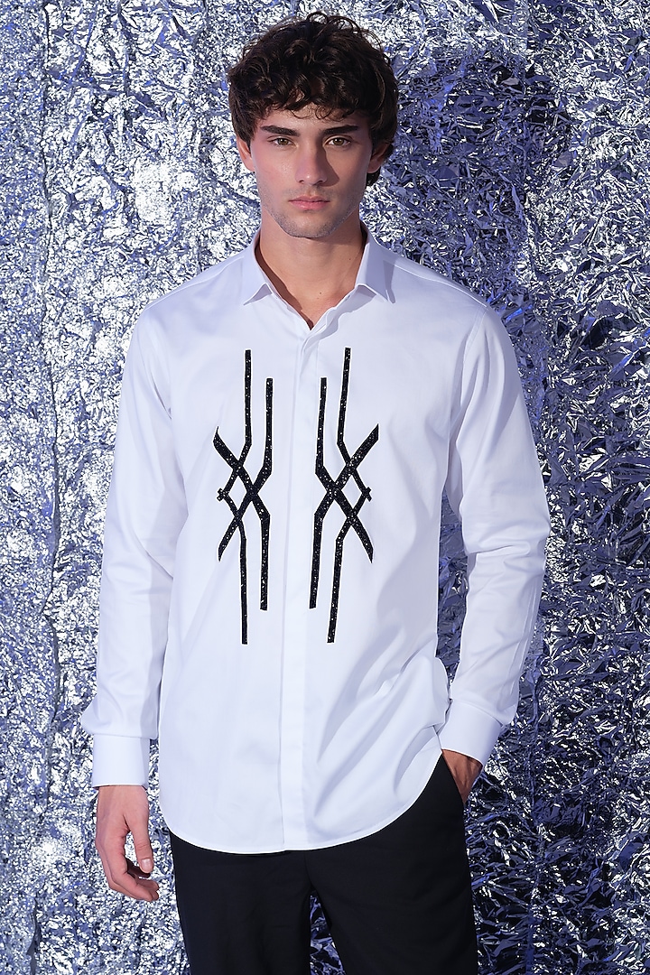 White Stretchable Cotton Hand Embroidered Party Wear Shirt by SANJANA REDDY MEN at Pernia's Pop Up Shop