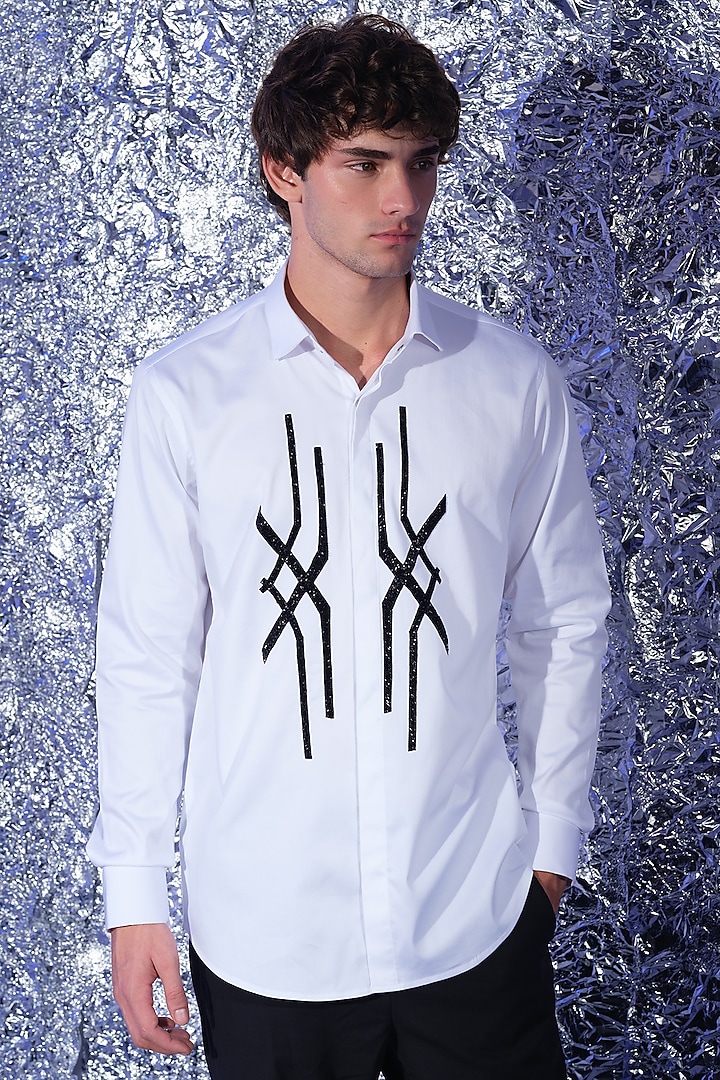 White Stretchable Cotton Hand Embroidered Party Wear Shirt by SANJANA REDDY MEN at Pernia's Pop Up Shop