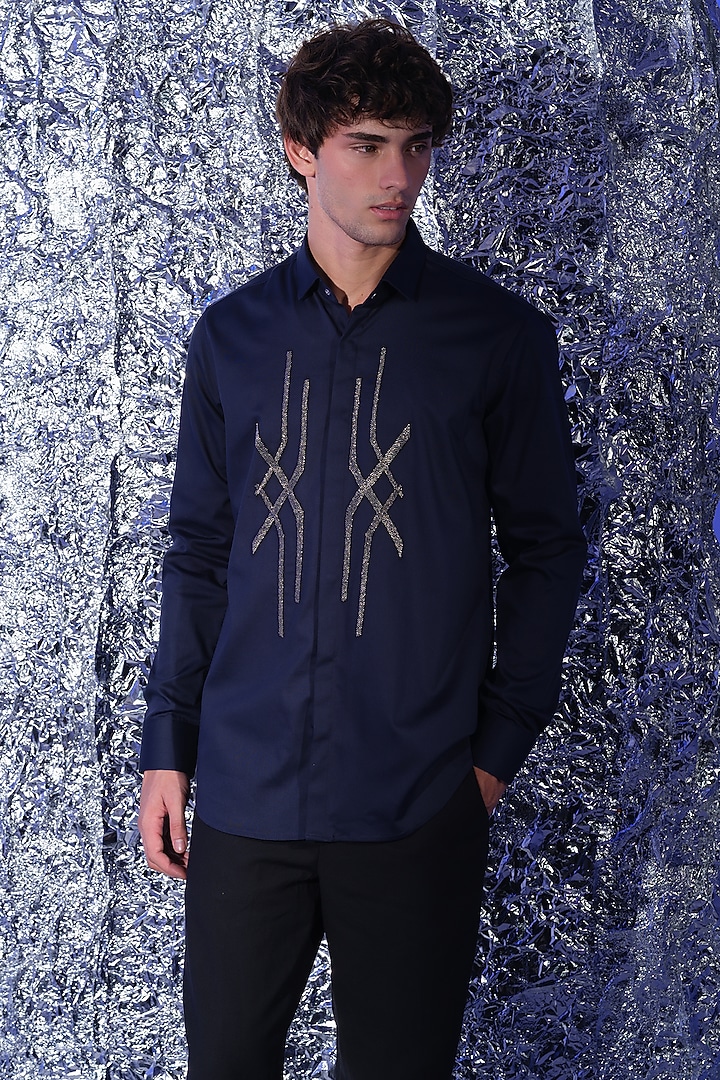 Navy Blue Stretchable Cotton Hand Embroidered Party Wear Shirt by SANJANA REDDY MEN at Pernia's Pop Up Shop
