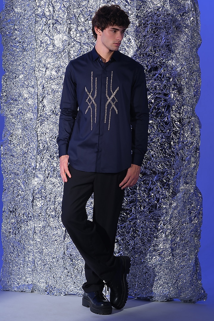 Navy Blue Stretchable Cotton Hand Embroidered Party Wear Shirt by SANJANA REDDY MEN at Pernia's Pop Up Shop