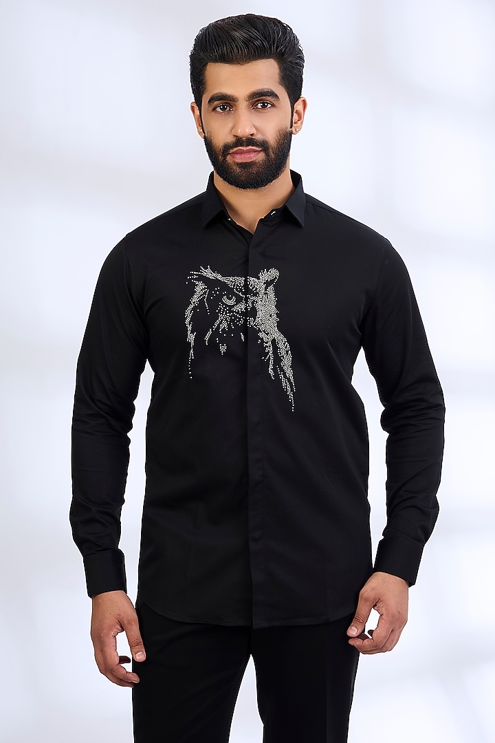 Black Stretchable Cotton Party Wear Shirt by SANJANA REDDY MEN at Pernia's Pop Up Shop