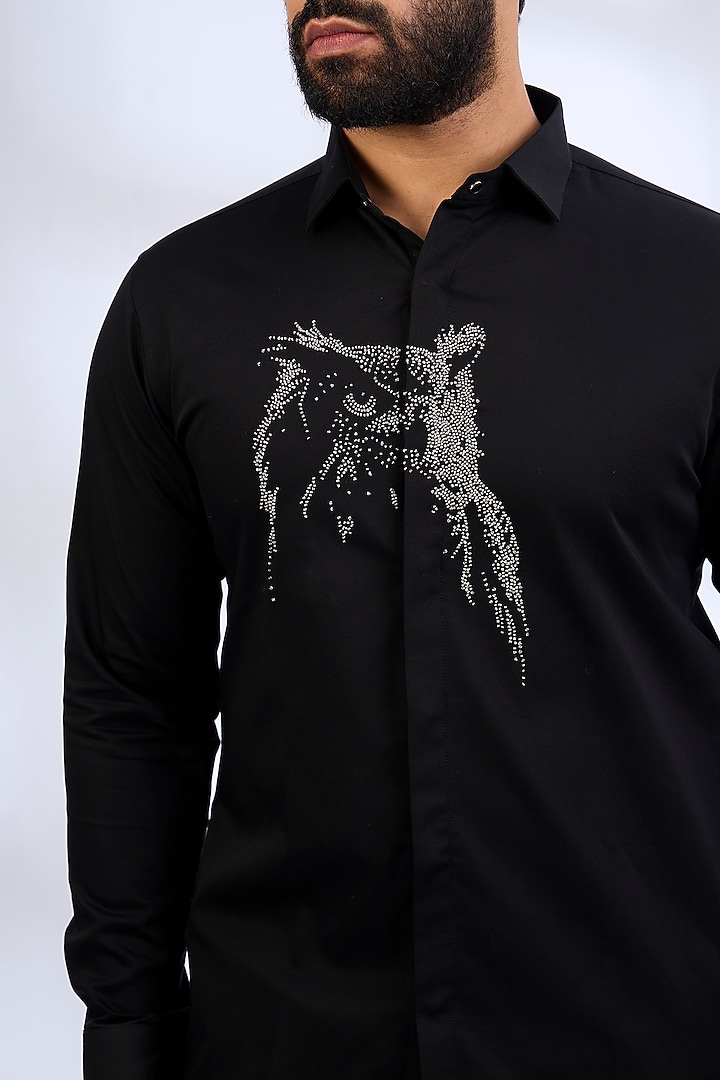 Black Stretchable Cotton Party Wear Shirt by SANJANA REDDY MEN at Pernia's Pop Up Shop
