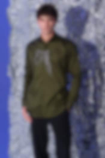 Olive Green Stretchable Cotton Hand Embroidered Party Wear Shirt by SANJANA REDDY MEN at Pernia's Pop Up Shop