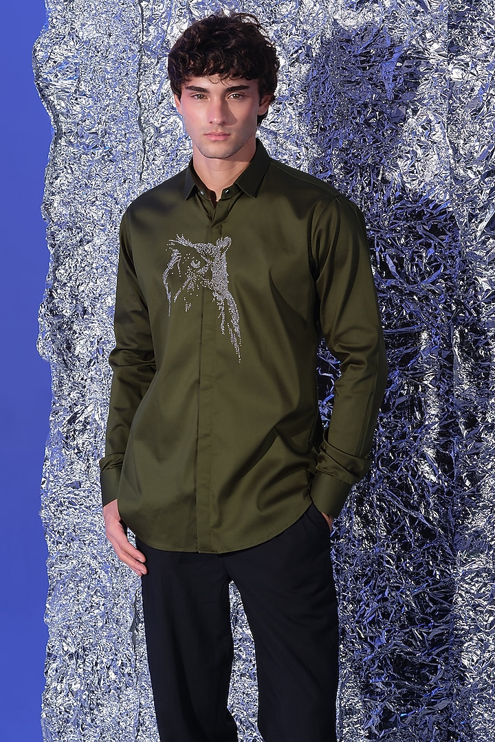 Olive Green Stretchable Cotton Hand Embroidered Party Wear Shirt by SANJANA REDDY MEN at Pernia's Pop Up Shop