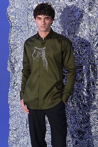 Olive Green Stretchable Cotton Hand Embroidered Shirt by SANJANA REDDY MEN