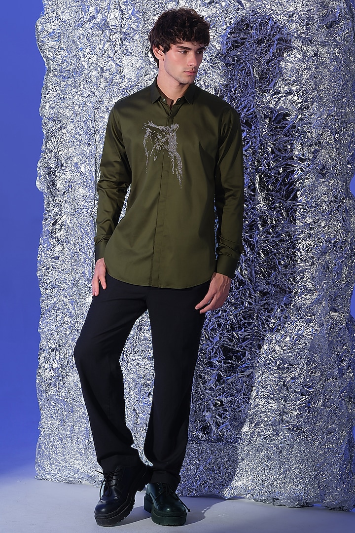 Olive Green Stretchable Cotton Hand Embroidered Party Wear Shirt by SANJANA REDDY MEN at Pernia's Pop Up Shop
