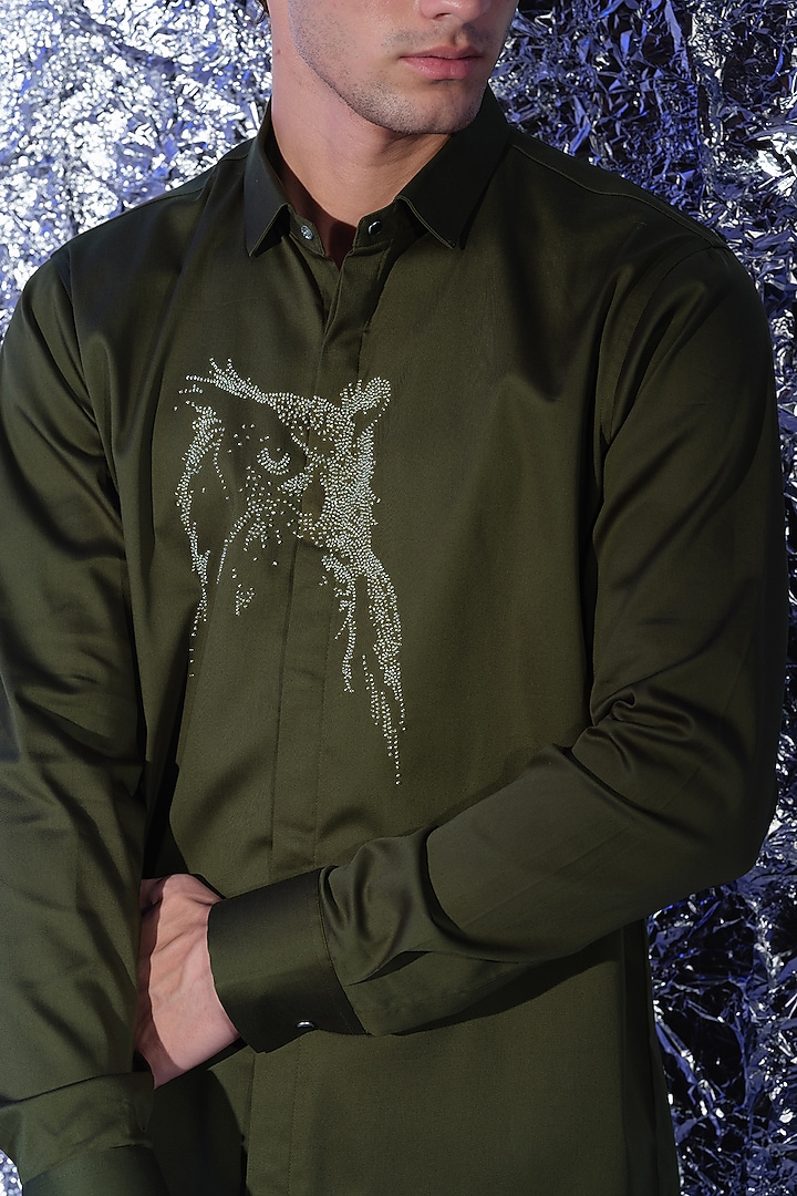 Olive Green Stretchable Cotton Hand Embroidered Party Wear Shirt by SANJANA REDDY MEN at Pernia's Pop Up Shop