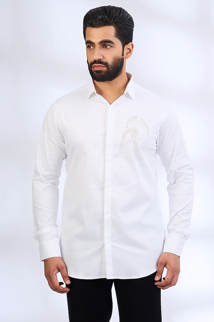 White Stretchable Cotton Party Wear Shirt by SANJANA REDDY MEN at Pernia's Pop Up Shop