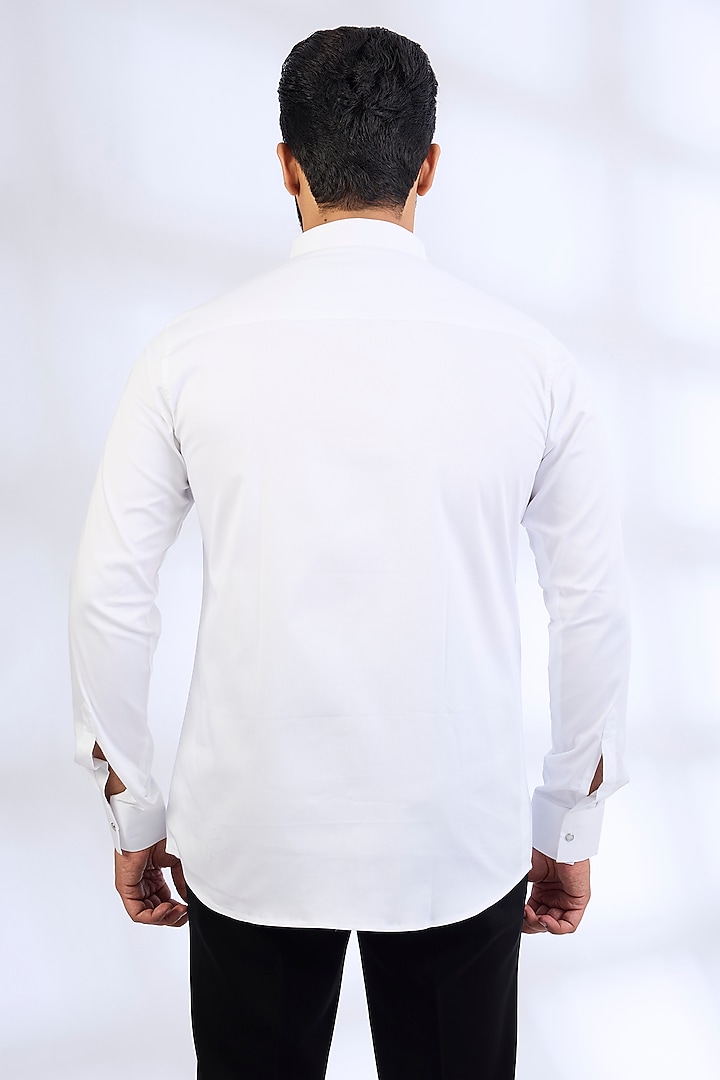 White Stretchable Cotton Party Wear Shirt by SANJANA REDDY MEN at Pernia's Pop Up Shop