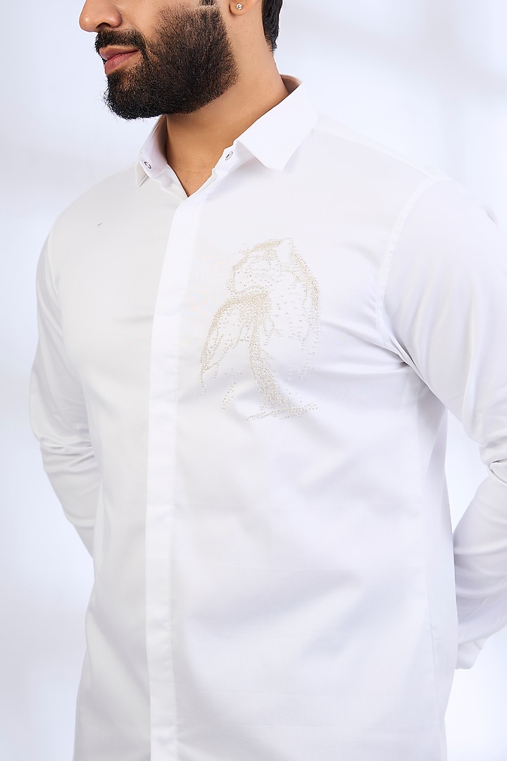 White Stretchable Cotton Party Wear Shirt by SANJANA REDDY MEN at Pernia's Pop Up Shop
