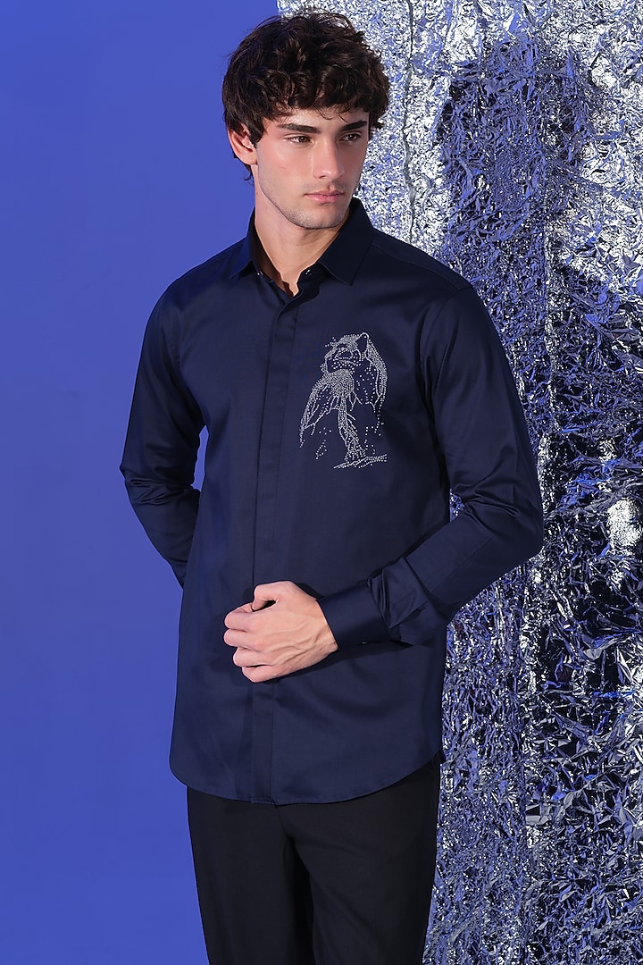 Navy Blue Stretchable Cotton Hand Embroidered Party Wear Shirt by SANJANA REDDY MEN at Pernia's Pop Up Shop