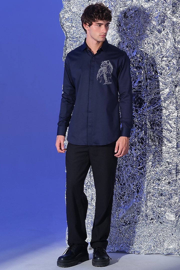 Navy Blue Stretchable Cotton Hand Embroidered Party Wear Shirt by SANJANA REDDY MEN at Pernia's Pop Up Shop