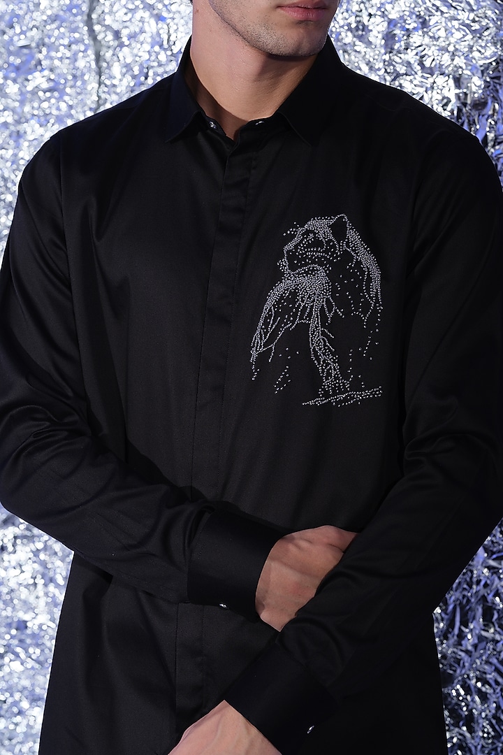 Black Stretchable Cotton Hand Embroidered Party Wear Shirt by SANJANA REDDY MEN at Pernia's Pop Up Shop