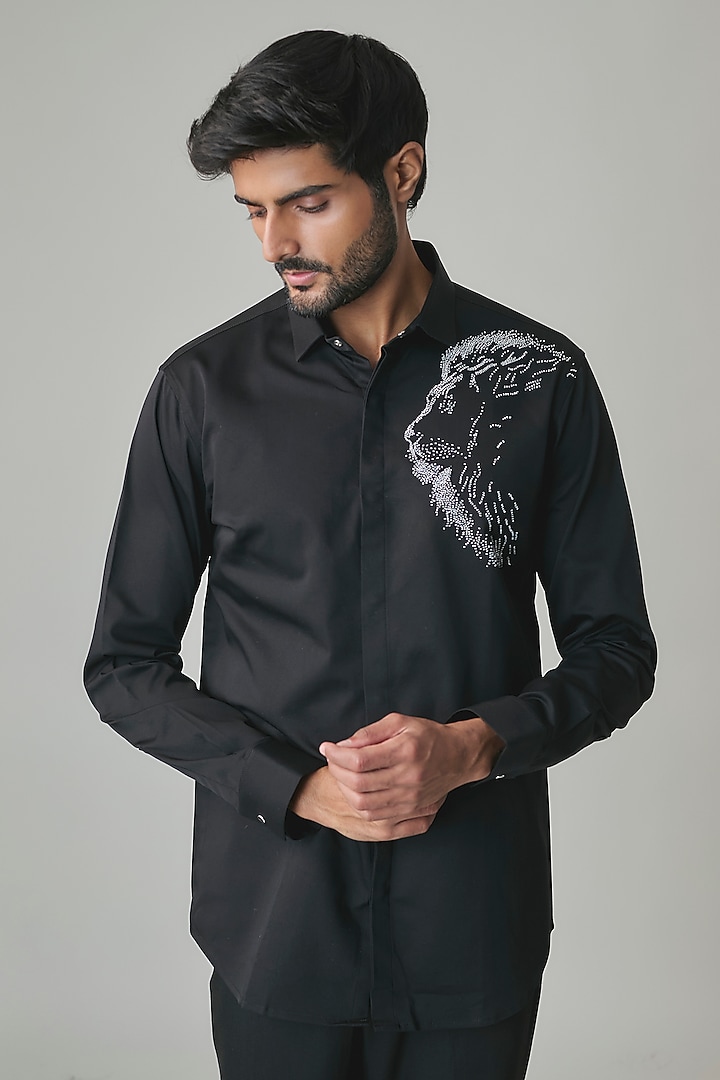 Black Stretchable Cotton Party Wear Shirt by SANJANA REDDY MEN at Pernia's Pop Up Shop
