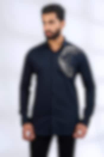 Navy Blue Stretchable Cotton Party Wear Shirt by SANJANA REDDY MEN at Pernia's Pop Up Shop