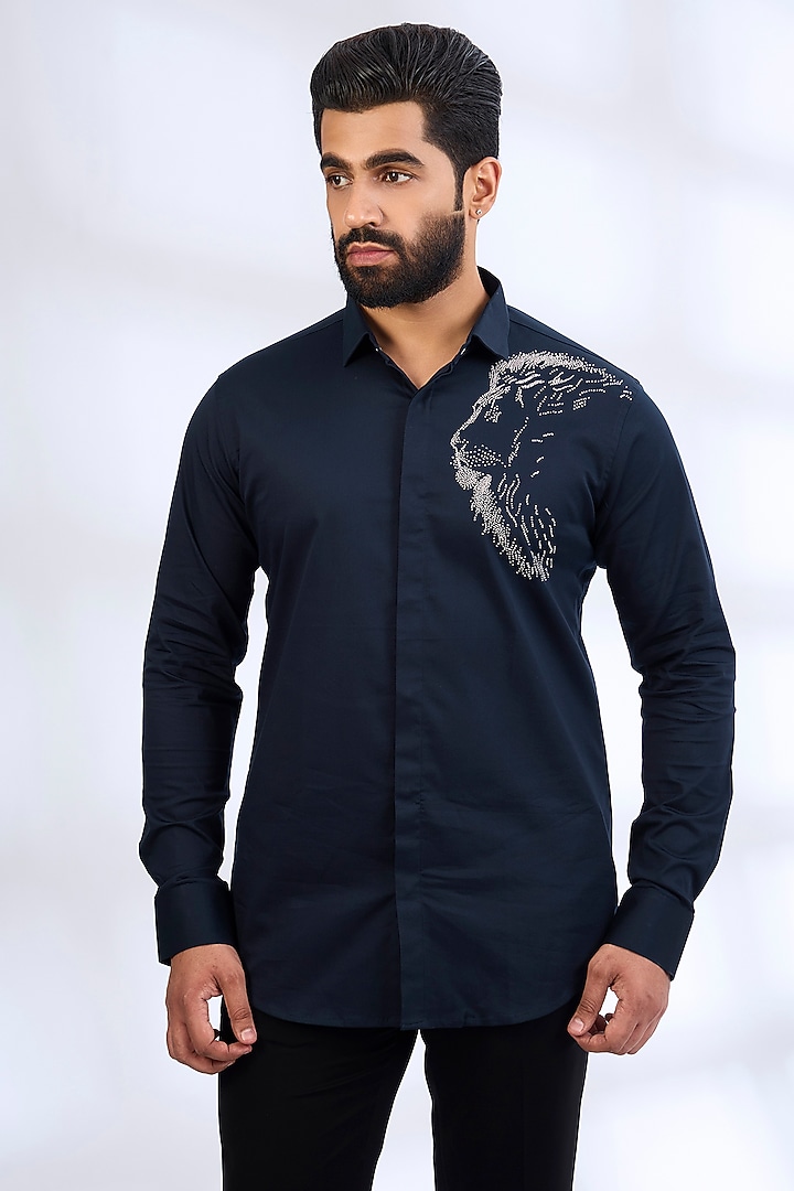 Navy Blue Stretchable Cotton Party Wear Shirt by SANJANA REDDY MEN at Pernia's Pop Up Shop