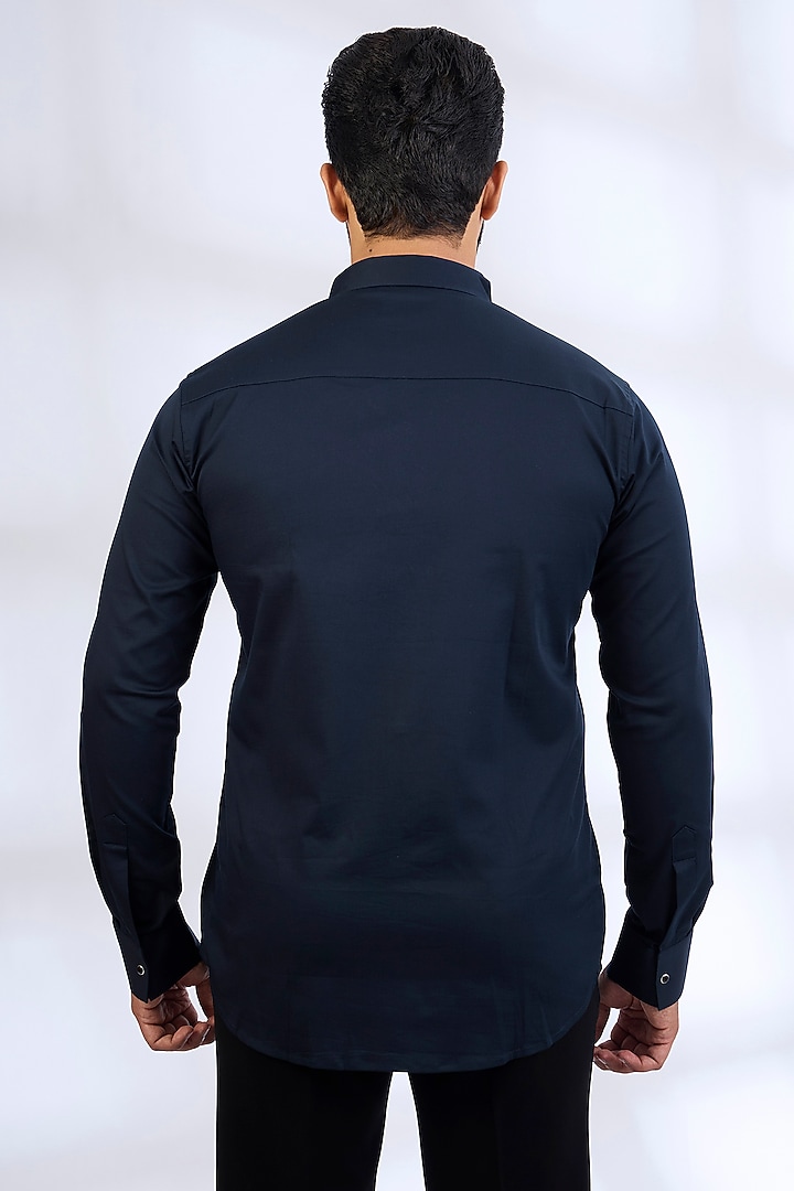 Navy Blue Stretchable Cotton Party Wear Shirt by SANJANA REDDY MEN at Pernia's Pop Up Shop