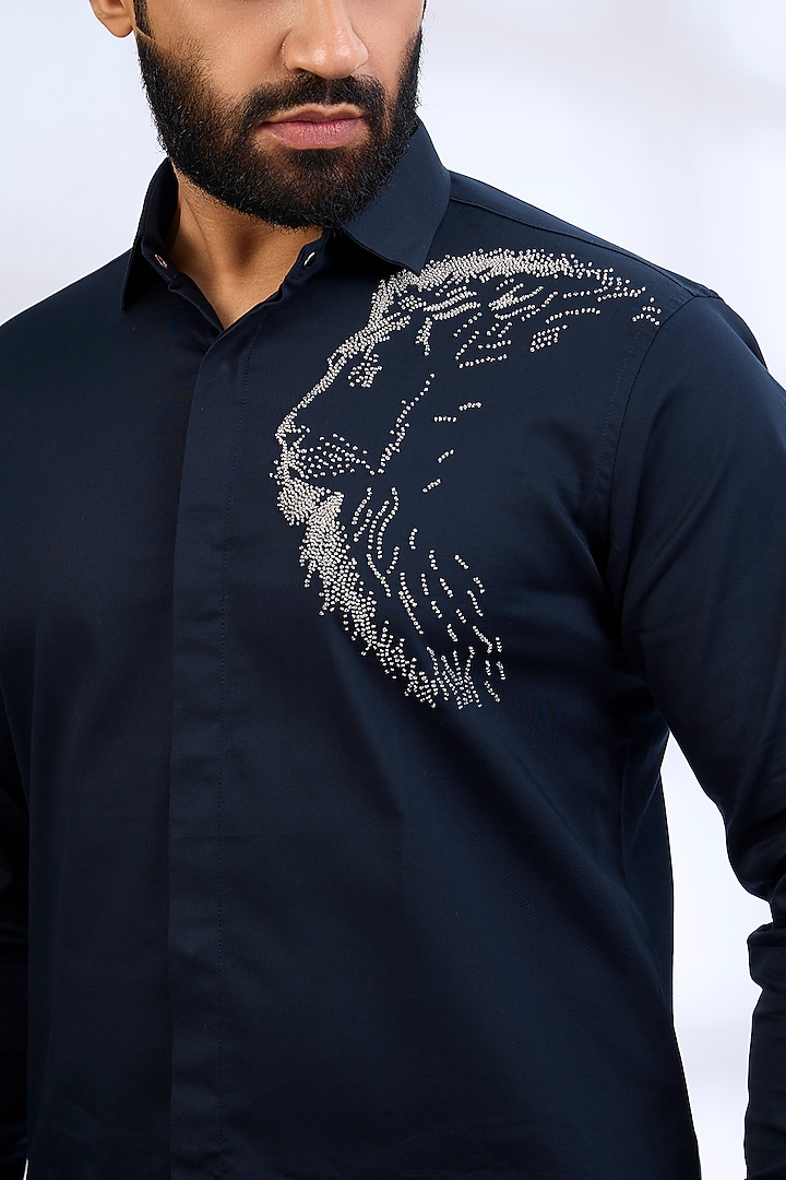 Navy Blue Stretchable Cotton Party Wear Shirt by SANJANA REDDY MEN at Pernia's Pop Up Shop