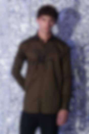 Olive Green Stretchable Cotton Spider Cutdana Hand Embroidered Party Wear Shirt by SANJANA REDDY MEN at Pernia's Pop Up Shop