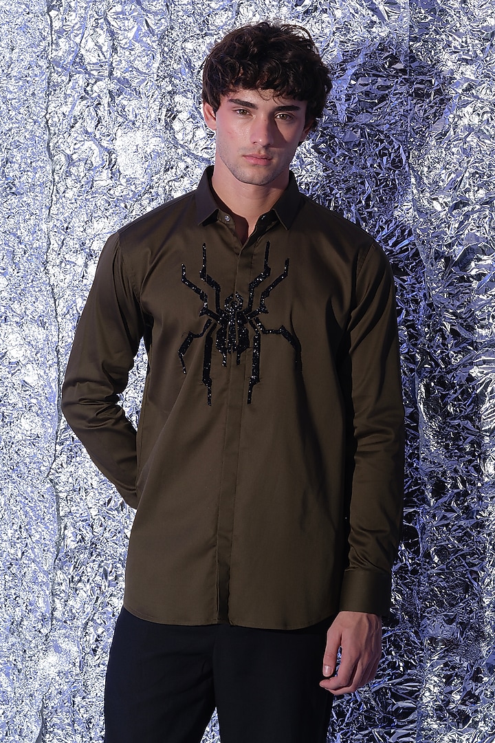 Olive Green Stretchable Cotton Spider Cutdana Hand Embroidered Party Wear Shirt by SANJANA REDDY MEN at Pernia's Pop Up Shop