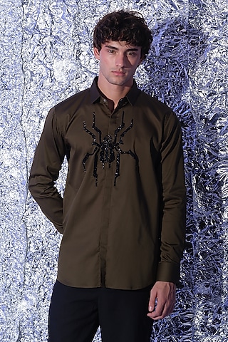 Olive Green Stretchable Cotton Spider Cutdana Hand Embroidered Shirt by SANJANA REDDY MEN