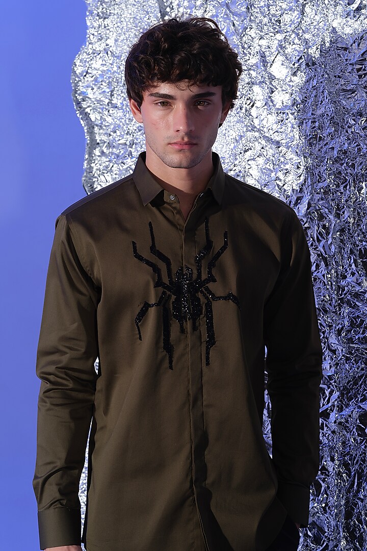 Olive Green Stretchable Cotton Spider Cutdana Hand Embroidered Party Wear Shirt by SANJANA REDDY MEN at Pernia's Pop Up Shop