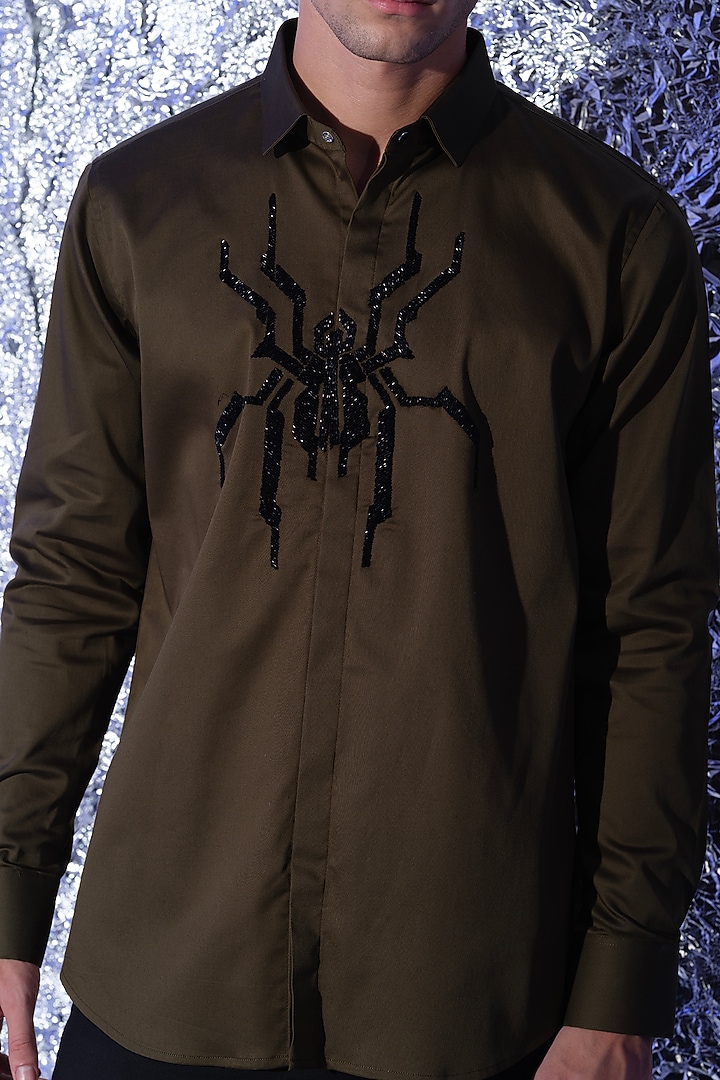 Olive Green Stretchable Cotton Spider Cutdana Hand Embroidered Party Wear Shirt by SANJANA REDDY MEN at Pernia's Pop Up Shop