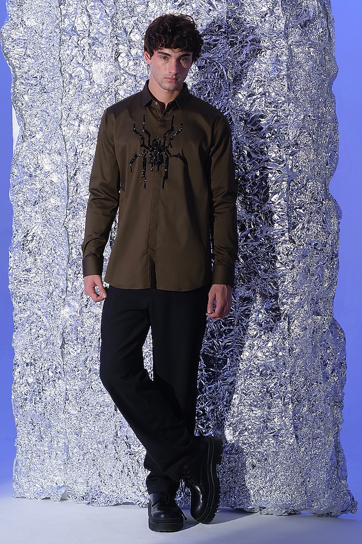 Olive Green Stretchable Cotton Spider Cutdana Hand Embroidered Party Wear Shirt by SANJANA REDDY MEN at Pernia's Pop Up Shop