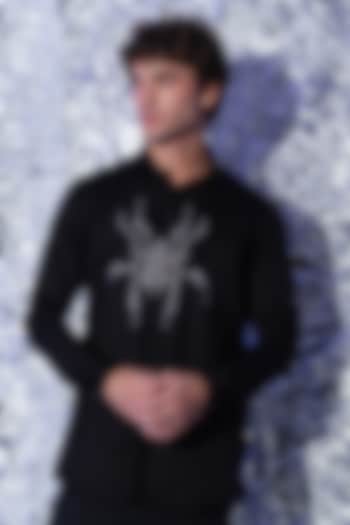 Black Stretchable Cotton Spider Cutdana Hand Embroidered Party Wear Shirt by SANJANA REDDY MEN at Pernia's Pop Up Shop