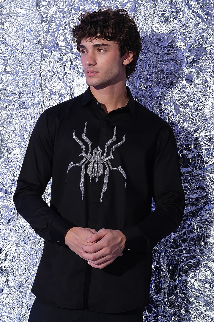 Black Stretchable Cotton Spider Cutdana Hand Embroidered Party Wear Shirt by SANJANA REDDY MEN at Pernia's Pop Up Shop