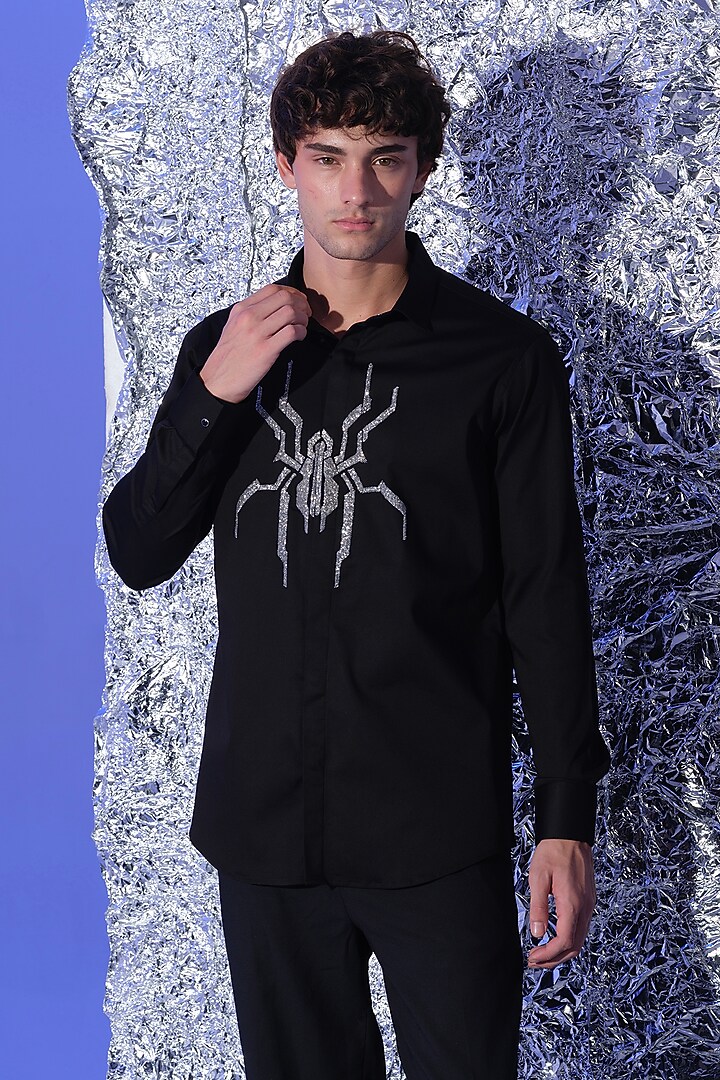 Black Stretchable Cotton Spider Cutdana Hand Embroidered Party Wear Shirt by SANJANA REDDY MEN at Pernia's Pop Up Shop