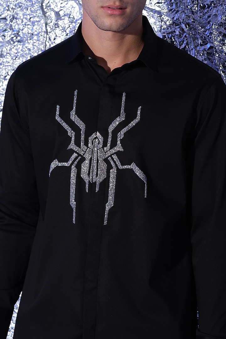Black Stretchable Cotton Spider Cutdana Hand Embroidered Party Wear Shirt by SANJANA REDDY MEN at Pernia's Pop Up Shop