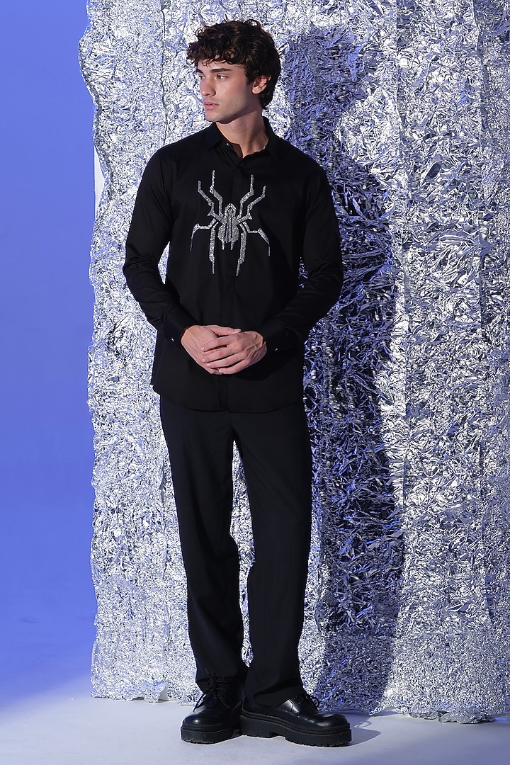Black Stretchable Cotton Spider Cutdana Hand Embroidered Party Wear Shirt by SANJANA REDDY MEN at Pernia's Pop Up Shop