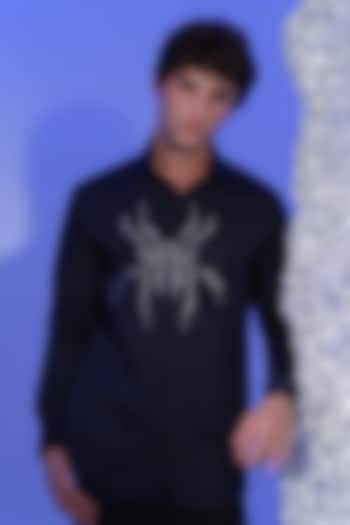 Navy Blue Stretchable Cotton Spider Cutdana Hand Embroidered Party Wear Shirt by SANJANA REDDY MEN at Pernia's Pop Up Shop