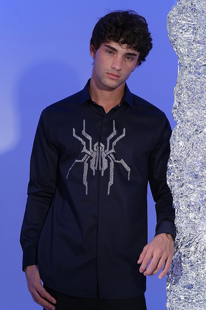 Navy Blue Stretchable Cotton Spider Cutdana Hand Embroidered Party Wear Shirt by SANJANA REDDY MEN at Pernia's Pop Up Shop