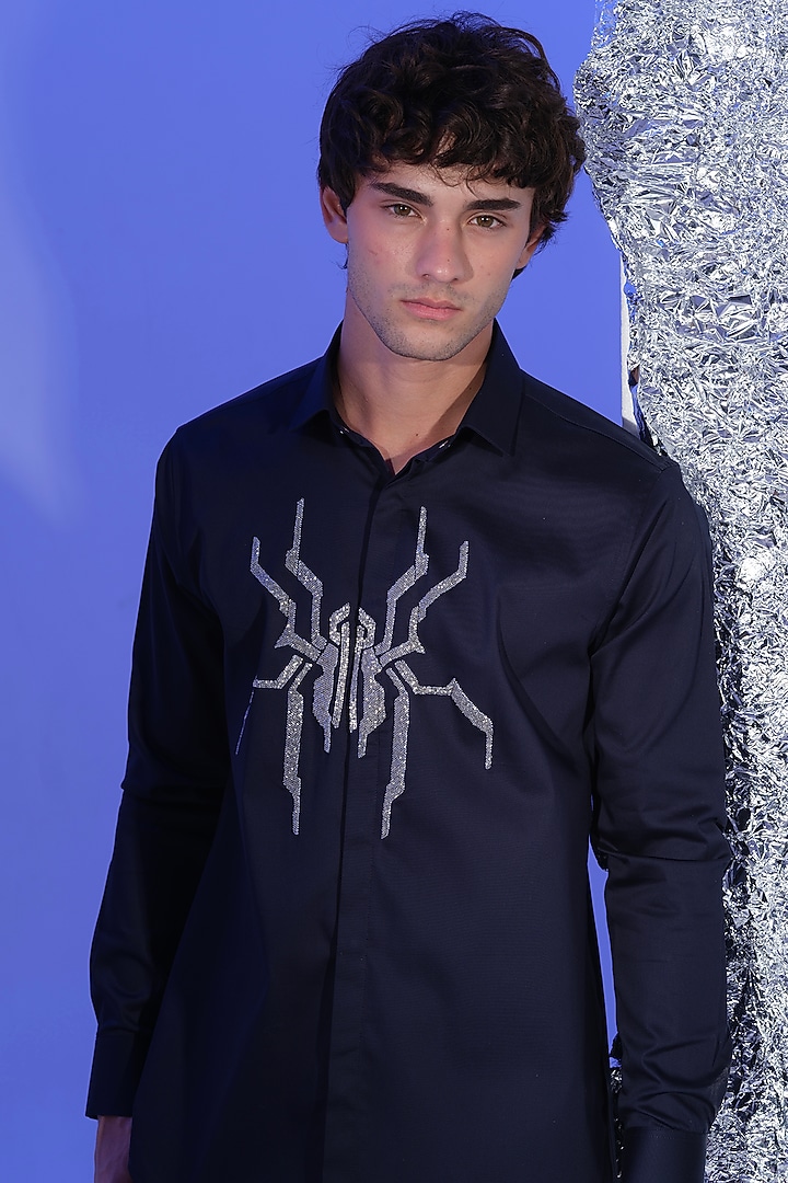 Navy Blue Stretchable Cotton Spider Cutdana Hand Embroidered Party Wear Shirt by SANJANA REDDY MEN at Pernia's Pop Up Shop