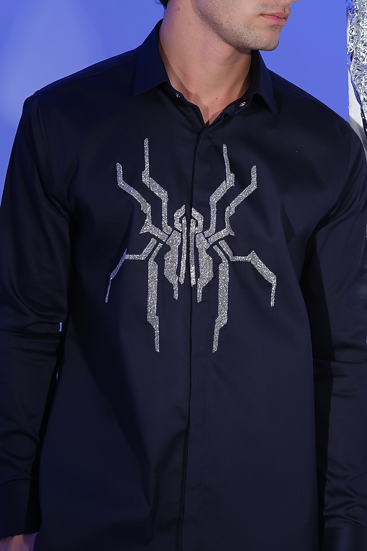 Navy Blue Stretchable Cotton Spider Cutdana Hand Embroidered Party Wear Shirt by SANJANA REDDY MEN at Pernia's Pop Up Shop