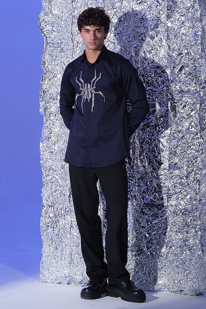 Navy Blue Stretchable Cotton Spider Cutdana Hand Embroidered Party Wear Shirt by SANJANA REDDY MEN at Pernia's Pop Up Shop