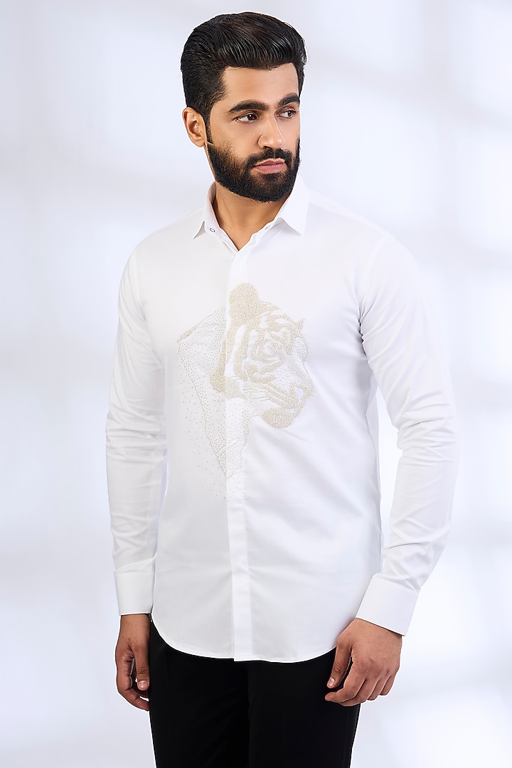 White Stretchable Cotton Party Wear Shirt by SANJANA REDDY MEN at Pernia's Pop Up Shop