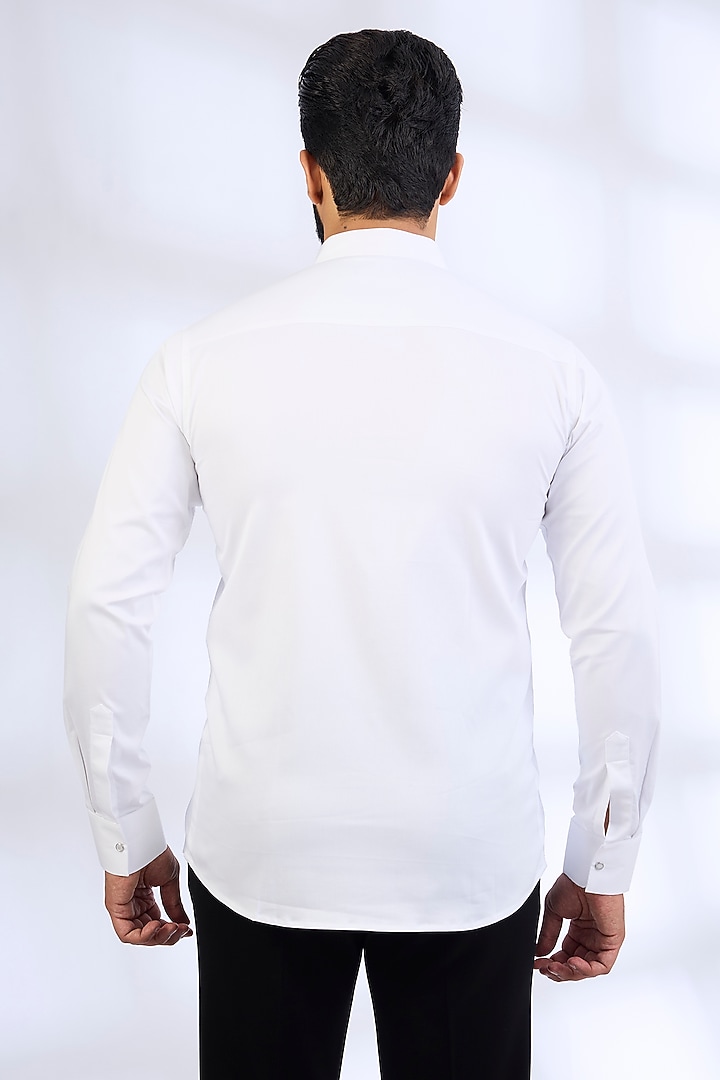 White Stretchable Cotton Party Wear Shirt by SANJANA REDDY MEN at Pernia's Pop Up Shop