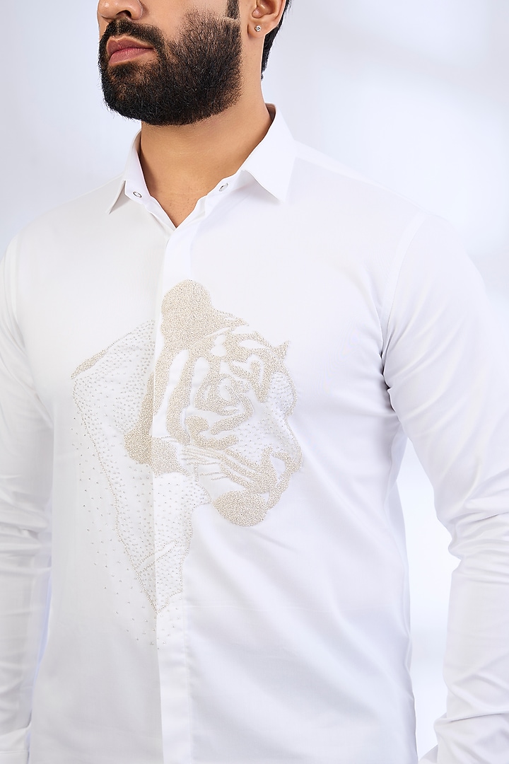 White Stretchable Cotton Party Wear Shirt by SANJANA REDDY MEN at Pernia's Pop Up Shop