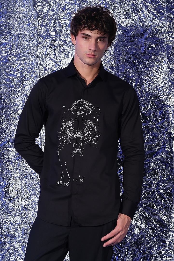 Black Stretchable Cotton Panther Hand Embroidered Party Wear Shirt by SANJANA REDDY MEN at Pernia's Pop Up Shop