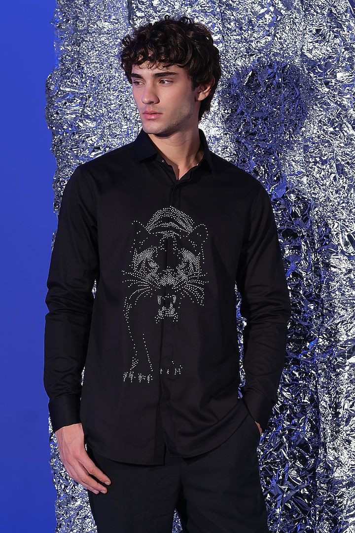 Black Stretchable Cotton Panther Hand Embroidered Party Wear Shirt by SANJANA REDDY MEN at Pernia's Pop Up Shop