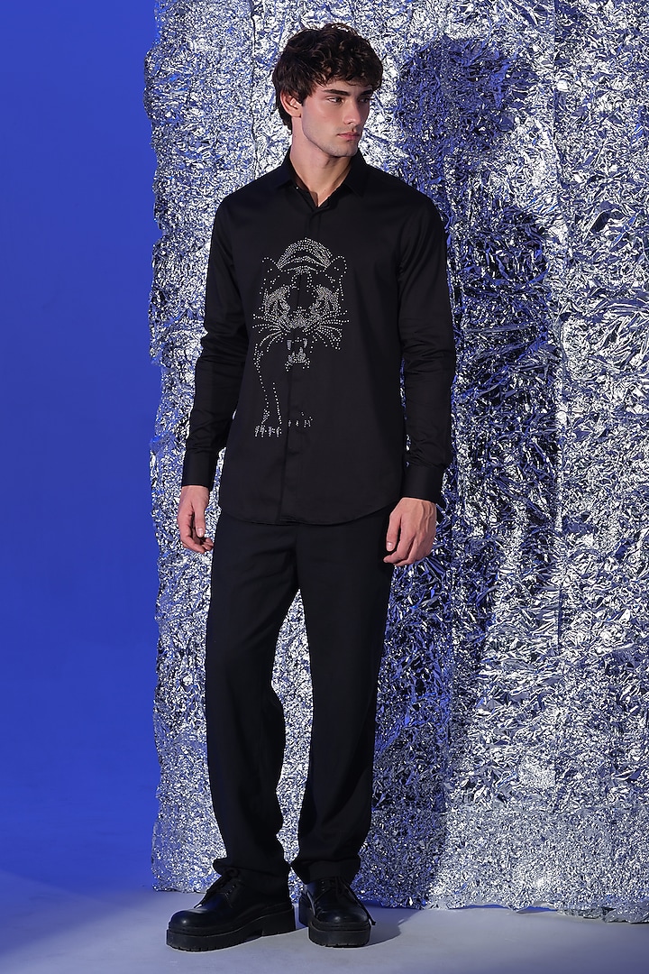 Black Stretchable Cotton Panther Hand Embroidered Party Wear Shirt by SANJANA REDDY MEN at Pernia's Pop Up Shop